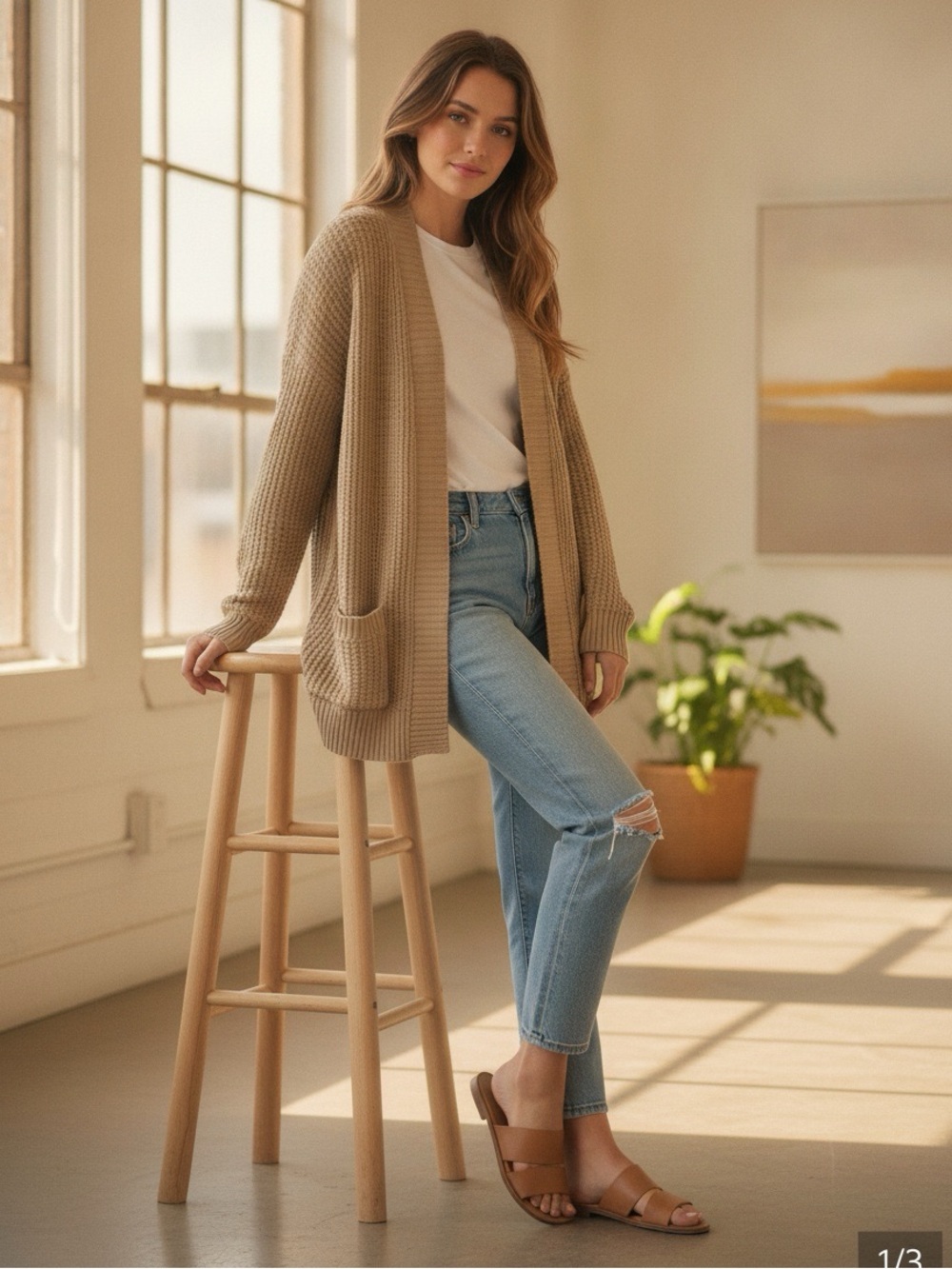 American Eagle Outfitters Tan Open-Front Waffle Cardigan oversized size medium
